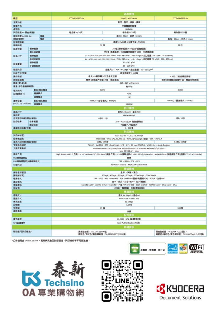 Kyocera ECOSYS M5520cdw 彩色數位複合機 彩色影印 網路列印 彩色掃描 (傳真 PC-FAX)