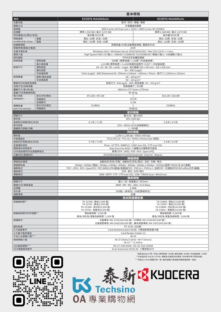 Kyocera ECOSYS MA3500cifx 彩色數位複合機 彩色影印 網路列印 彩色掃描 (傳真 PC-FAX)