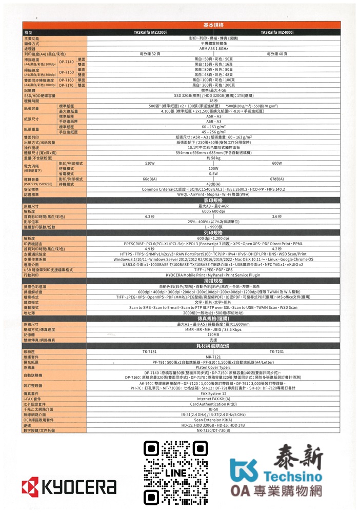 Kyocera TASKalfa MZ4000i  數位影印 網路列印 彩色掃描 (傳真 PC-FAX)